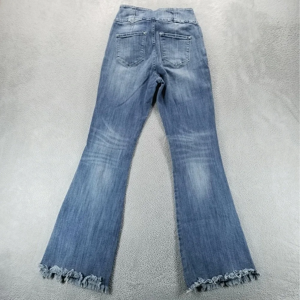 KanCan Jeans Womens 27 Blue Flare High Rise Distressed Stretch Boho Raw‎ Hem